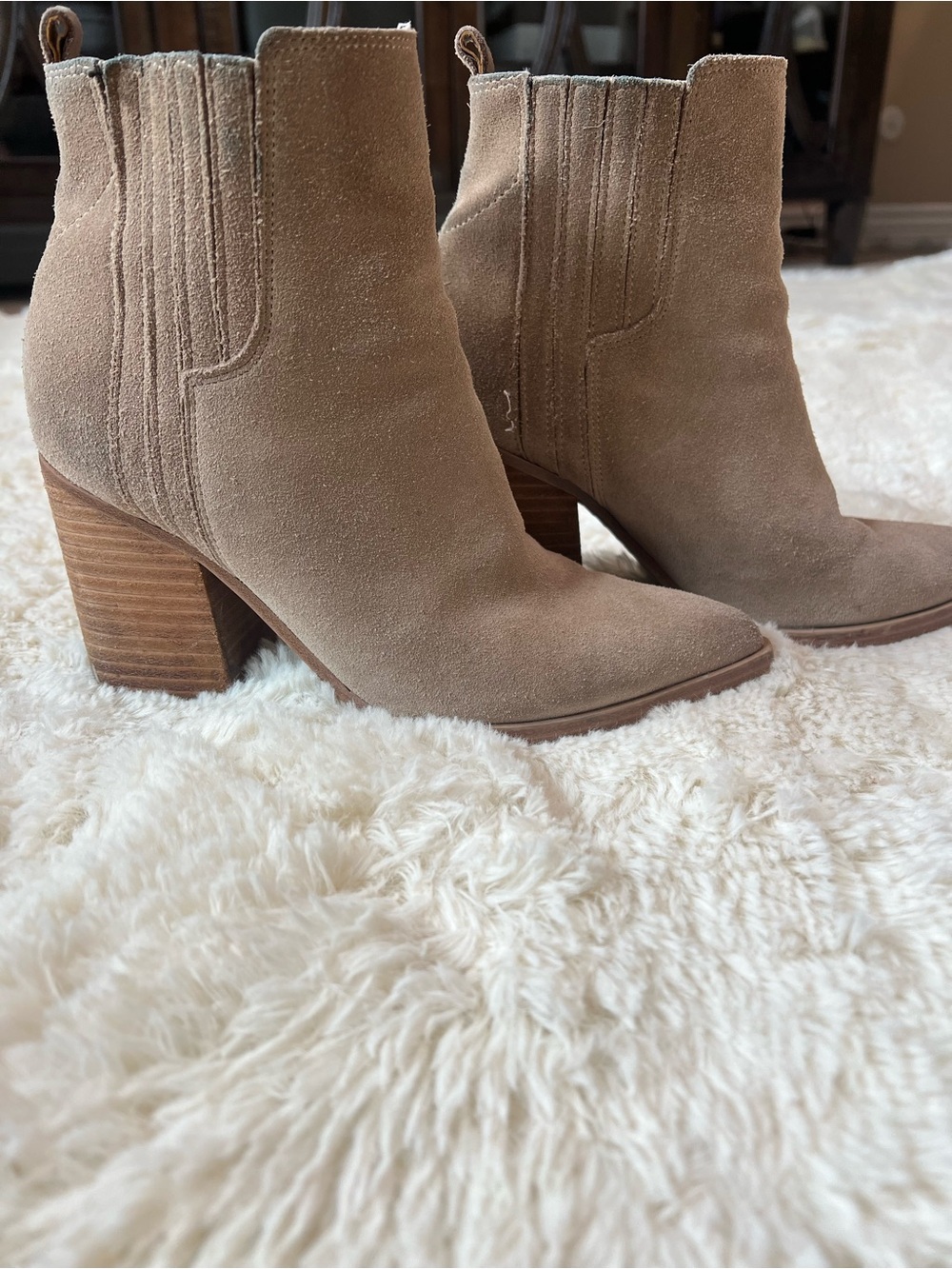 Marc Fisher Suede Ankle Booties in Taupe